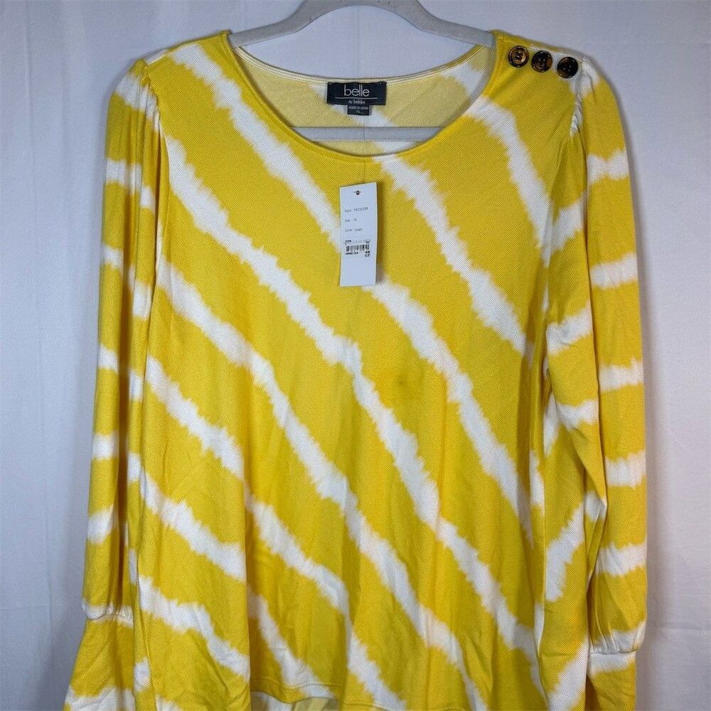 Belle by Belldini Blouse Womens XL Yellow White Tie Dye Stripe Scoop
